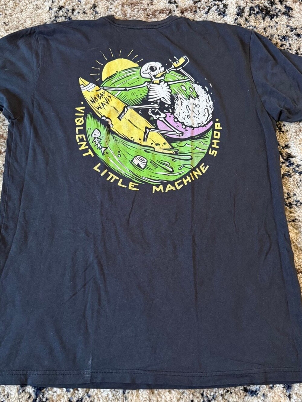 Violent Little Machine Shop Skeleton Surfer Tee L Black